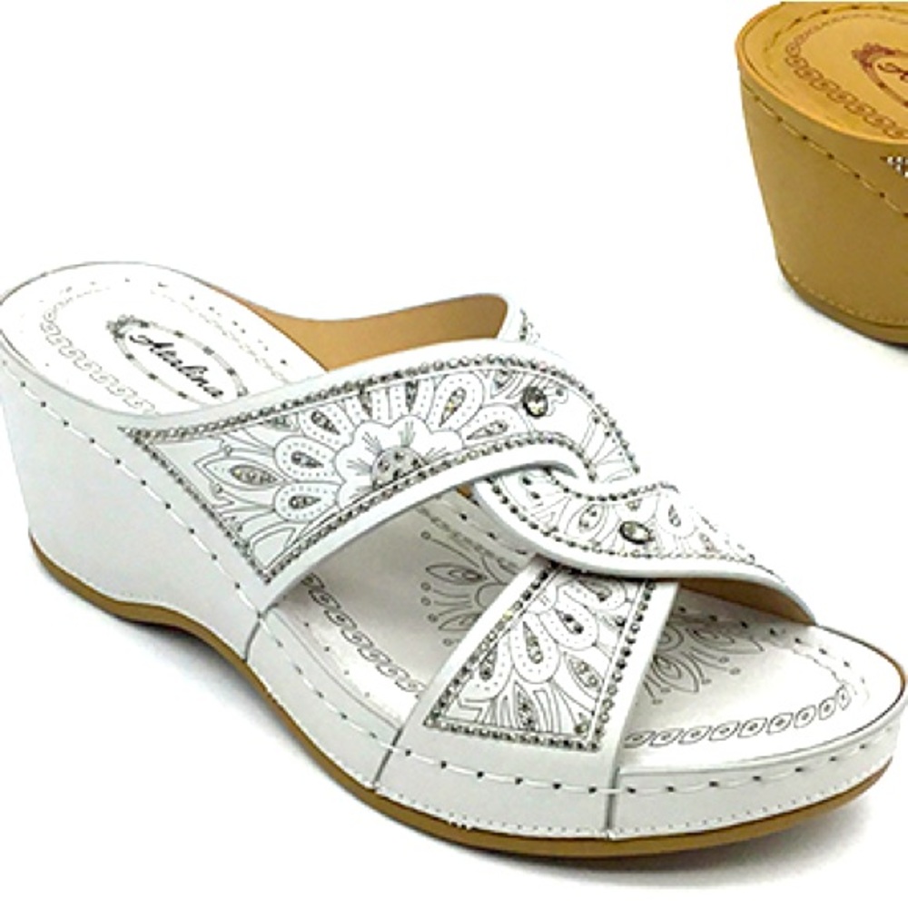 2 Left! Italina White Silver Embroidered Criss Cross Wedge Sandal